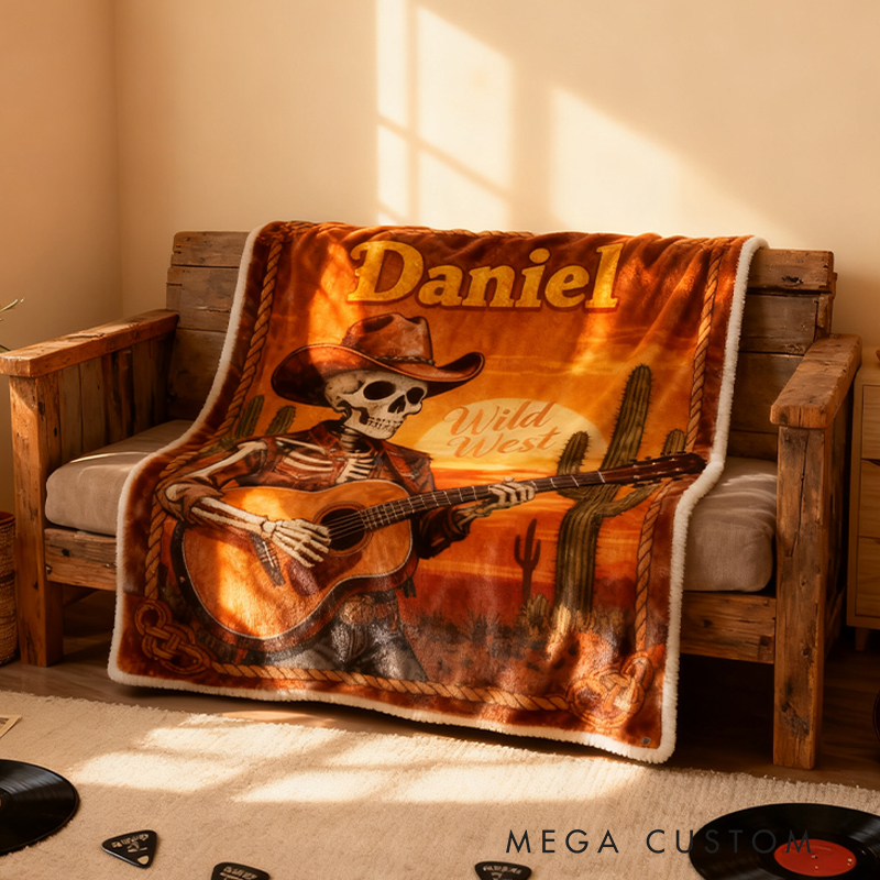 Personalized Wild West Skull Guitar Blanket Flannel Blanket Music Blanket with Name for Him for Husband Boyfriend Son Friends Familys