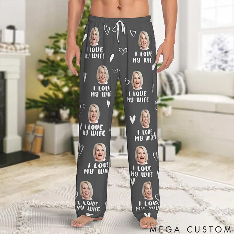 Personalized Valentine's Day Couple Faces Photo Matching Pajama Pants Custom Man Woman Photo Portrait Long Pjs Bottoms Anniversary Gift for Him Her