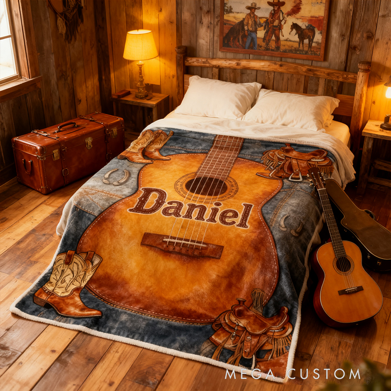 Personalized West Cowboy Guitar Blanket Flannel Blanket Music Blanket with Name for Him for Husband Boyfriend Son Friends Familys
