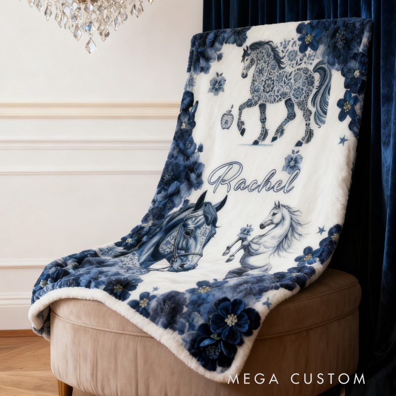 Personalized Riding Blanket Equestrian Horse Custom Name Blue And White Porcelain Decor with French Countryside Gifts Family Blanket for Riding Lovers Equestrian Lovers