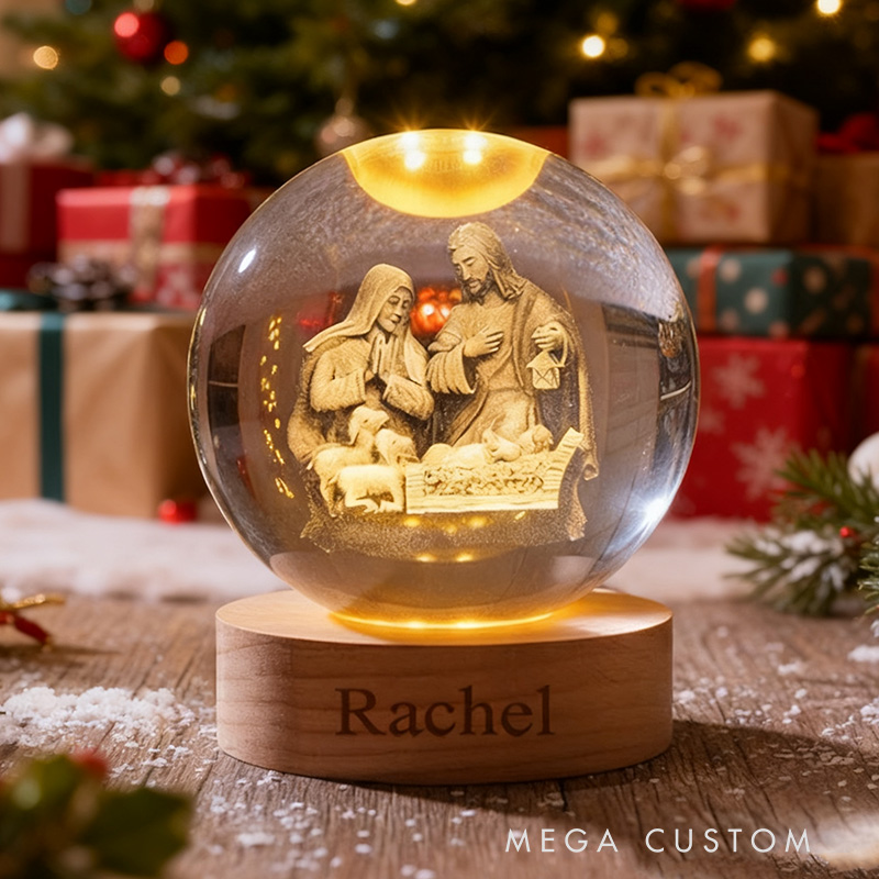 Personalized Nativity Scene 3D Spherical Crystal Lamp With Custom Text Religious Gift Christmas Gift Faith Gift
