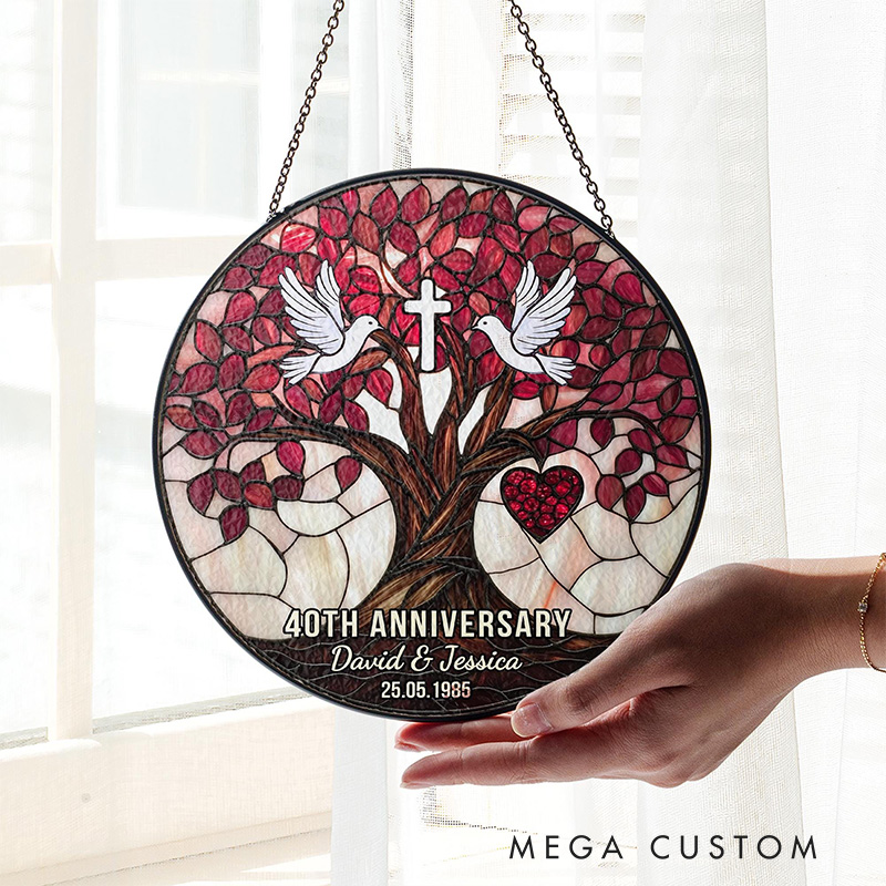 Personalized Dove Cross Christian Wedding Anniversary Stained Glass Suncatcher Ornament with Custom Name Window Hanging Decor Religious Gift for Couple Wedding Gift