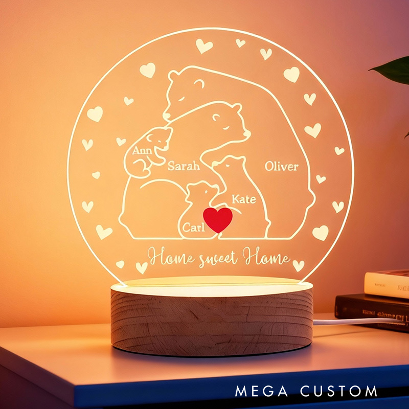 Personalized Heart Bear Family Acrylic LED Night Light with Wooden Base and Text Home Decor Gift for Mom Dad Family Bedroom Living Room Decor