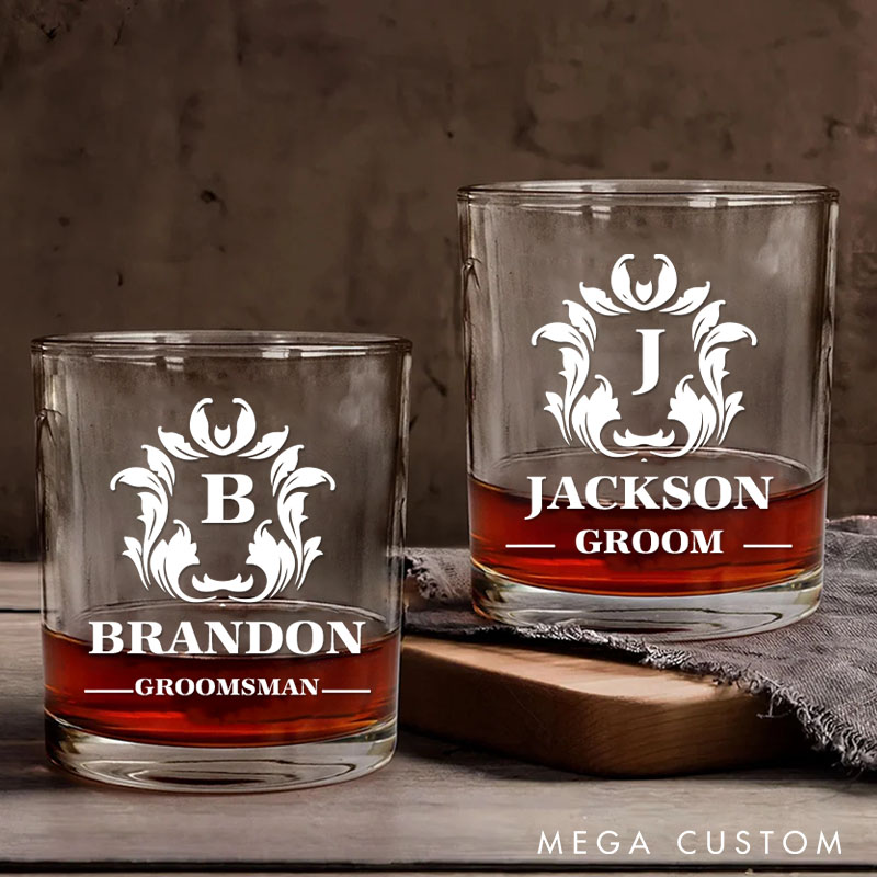 Personalized Groomsman Whiskey Glasses Groom Club Bachelor Party Whiskey Glasses Ornate Design Glasses Cup Custom Gifts for Groom and Groomsmen