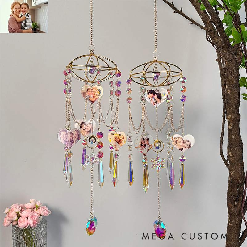 Personalized Photo Heart Suncatcher - Custom Family Photo Wind Chime with Crystal Beads, Decorative Window Hanging Gift