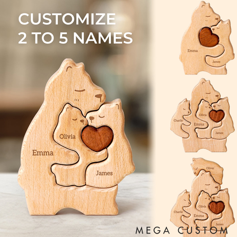 Personalized Wooden Mommy Bear Family Puzzle with Mothers and 1–4 Kids Names Desk Decoration Birthday Anniversary Gift for Family