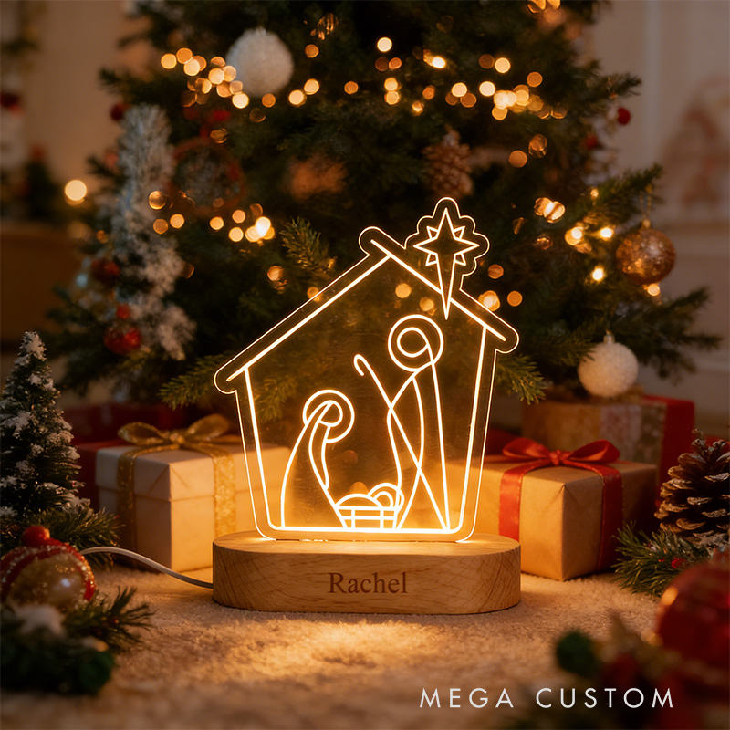 Personalized Nativity Scene LED Night Light with Name Wooden Base Home Decor Religious Gift Christmas Gift for Kid