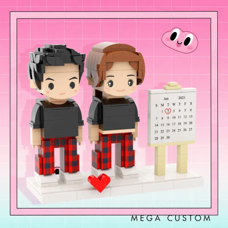 Personalized Custom Couple Brick Figure Set with Calendar - Personalized Photo Minifigure Building Blocks, Valentine’s/Anniversary Gift