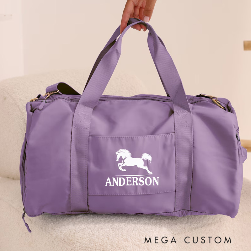 Personalized Name Horse Riding Duffle Bag Waterproof Travel Weekender Bag with Strap Equestrian Overnight Bag Gift for Horse Lovers Riding Lovers Equestrian Lovers