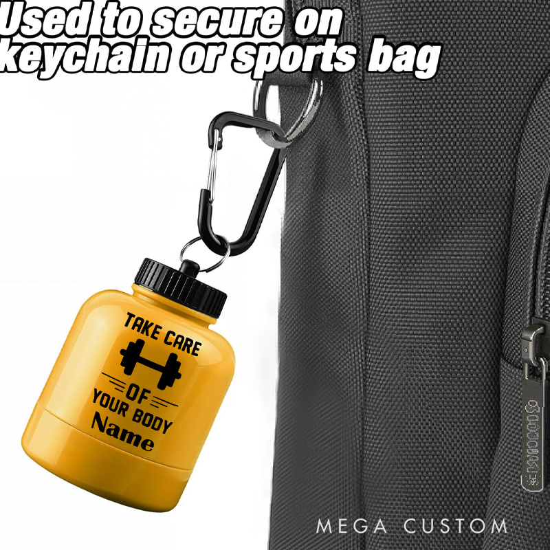 Personalized Gym Mini Protein Powder Bottle Pattern Custom Gym Keychain 200ml Protein Funnel Container with Carabiner Medicine Powder Carrying Pill Container for Gym Lovers