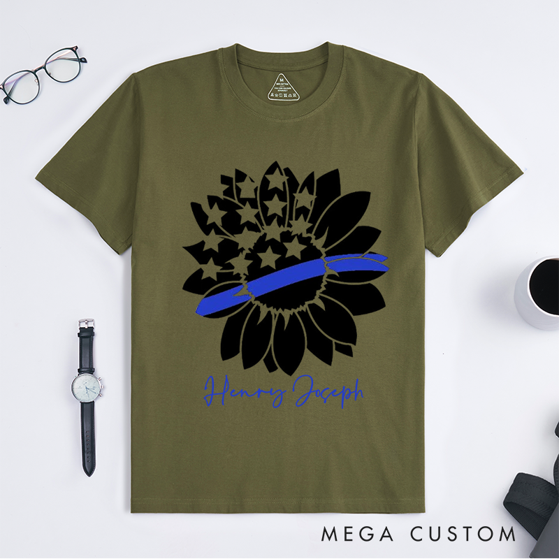Personalized Police Thin Blue Line Sunflower Design Gift for Police Officer T-Shirt