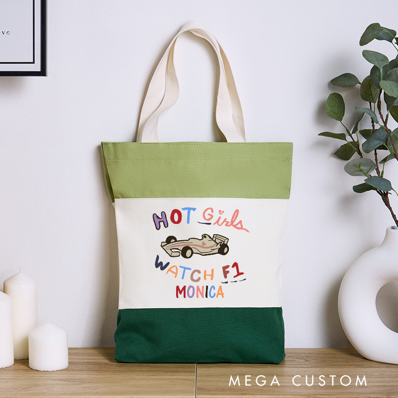 Personalized Racing Tri Color Canvas Tote Bag Custom Hot Girl Design Tote Bag 
