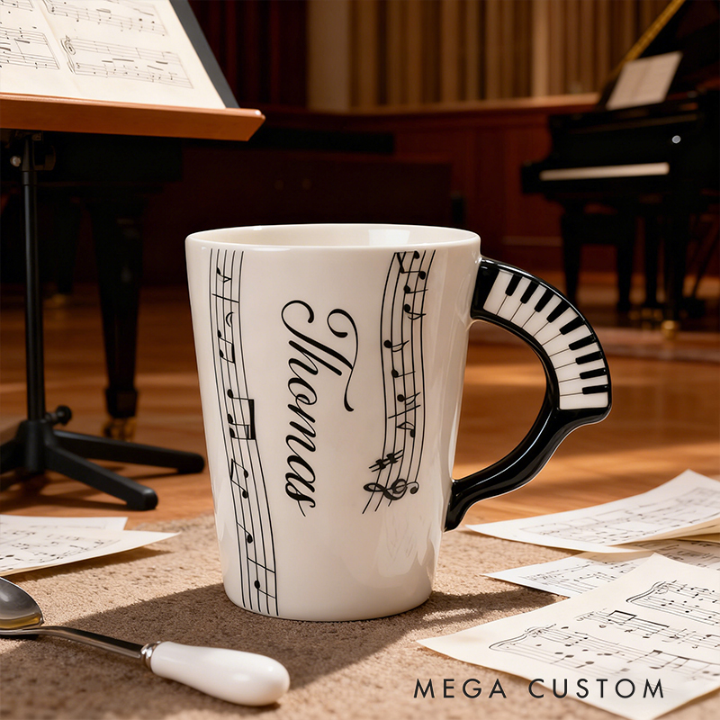 Personalized Custom Piano Keyboard Handle Mug with Musical Notes, Personalized Name Ceramic Coffee Mug for Music Lovers, Piano Player Gift