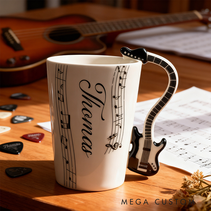 Personalized Electric Guitar Handle Mug, Custom Name Ceramic Cup with Musical Notes, Rock Music Fan Gift