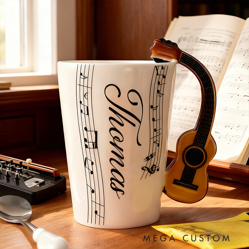 Personalized Custom Acoustic Guitar Handle Mug, Personalized Name Ceramic Coffee Cup with Musical Notes, Folk Music Lover Gift