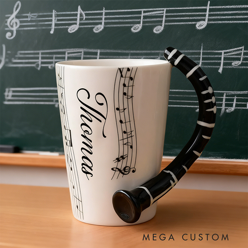 Personalized Saxophone Handle Mug, Custom Name Ceramic Cup with Musical Notes, Jazz Music Enthusiast Gift