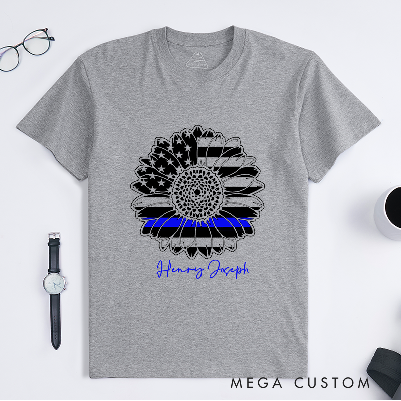 Personalized Police Thin Blue Line Flower Design Gift for Police Officer T-Shirt