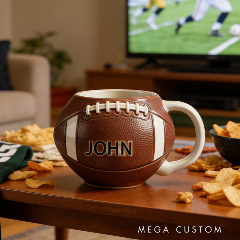 Personalized Custom Football Shaped Mug - Personalized Sports Fan Gift for Football Lovers, Ceramic Coffee Cup with Name