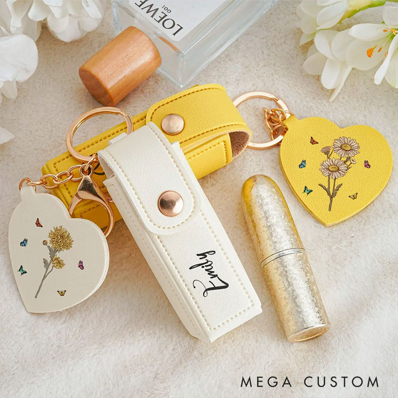 Personalized Girlfriend Birth Flower PU Leather Name Lipstick Case Keychain with Heart-shaped Mirror Wife Makeup Essentials Women Valentines Day Gift