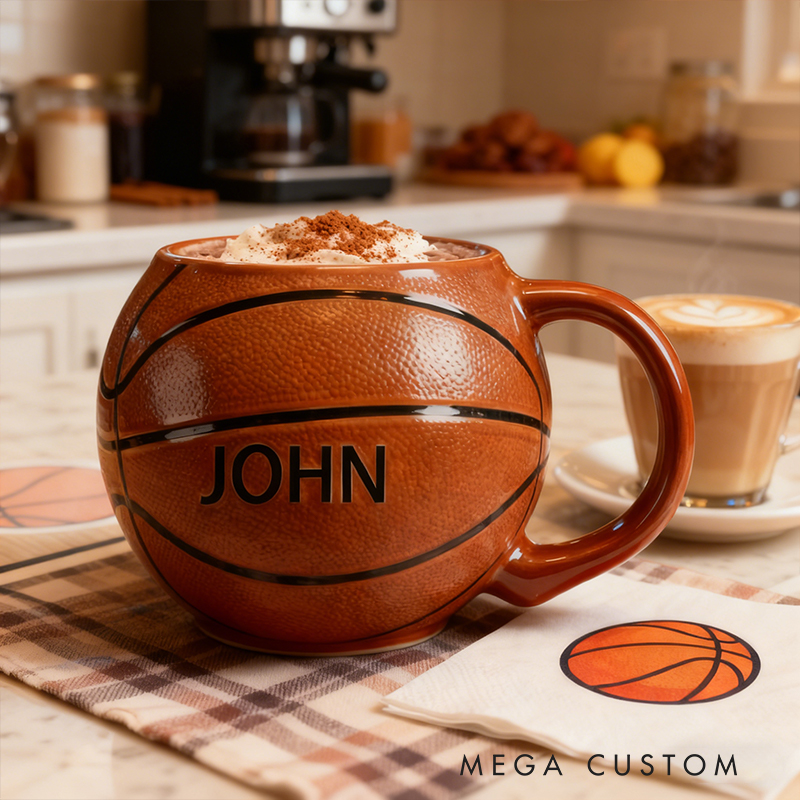 Personalized Custom Basketball Shaped Ceramic Mug - Personalized Sports Fan Gift for Basketball Lovers, 11oz Coffee Cup with Name