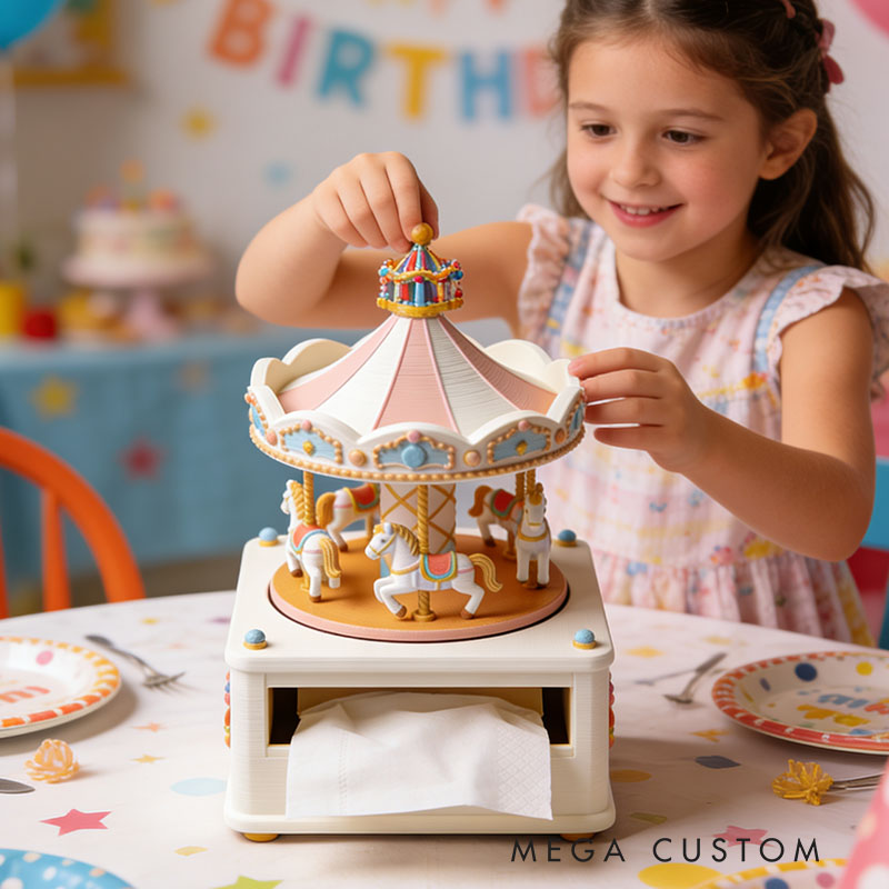 Carousel Music Box Tissue Box Cover 3D Printed Room Decor Cute Tissue Box Cover for Desk Room Kitchen or Bathroom