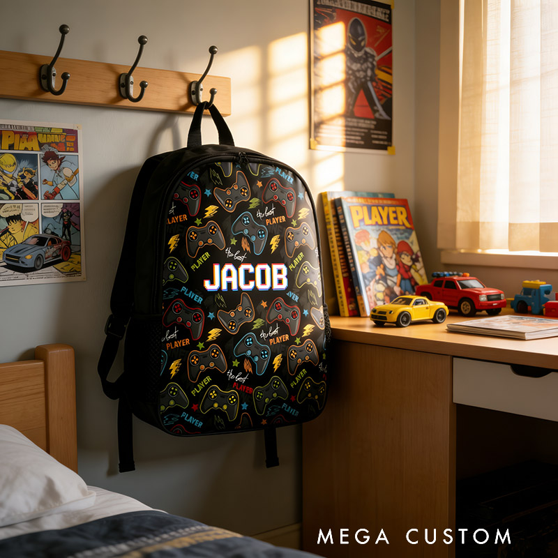 Personalized The Best Player Game Controller Backpack Custom Name for Kids and Game Lovers Birthday Black to School Christmas Gift