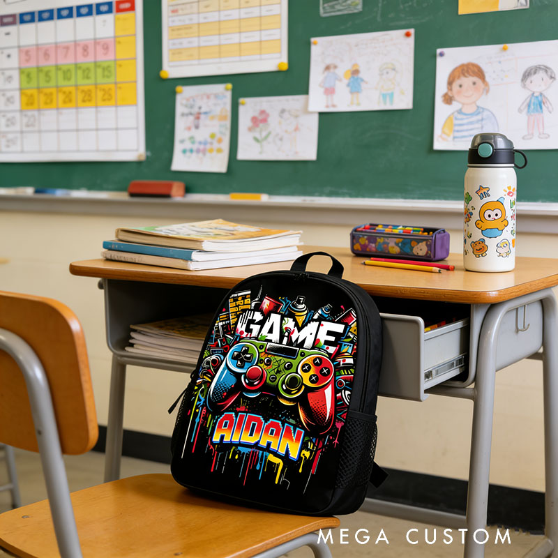 Personalized Colorful Graffiti Game Controller Backpack Custom Name for Kids and Game Lovers Birthday Black to School Christmas Gift