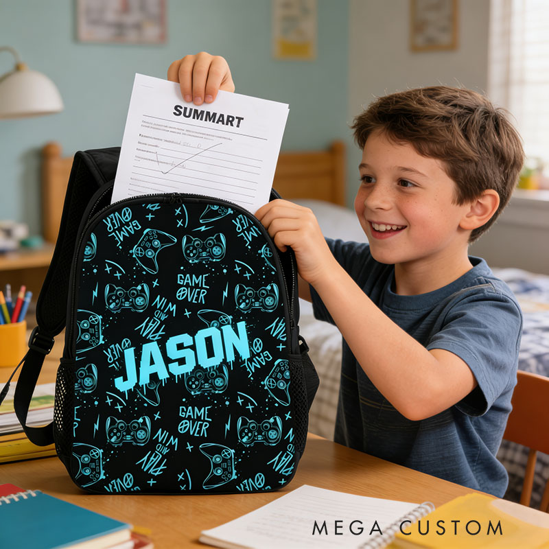 Personalized Blue Watercolor Style Game Controller Backpack Custom Name for Kids and Game Lovers Birthday Black to School Christmas Gift