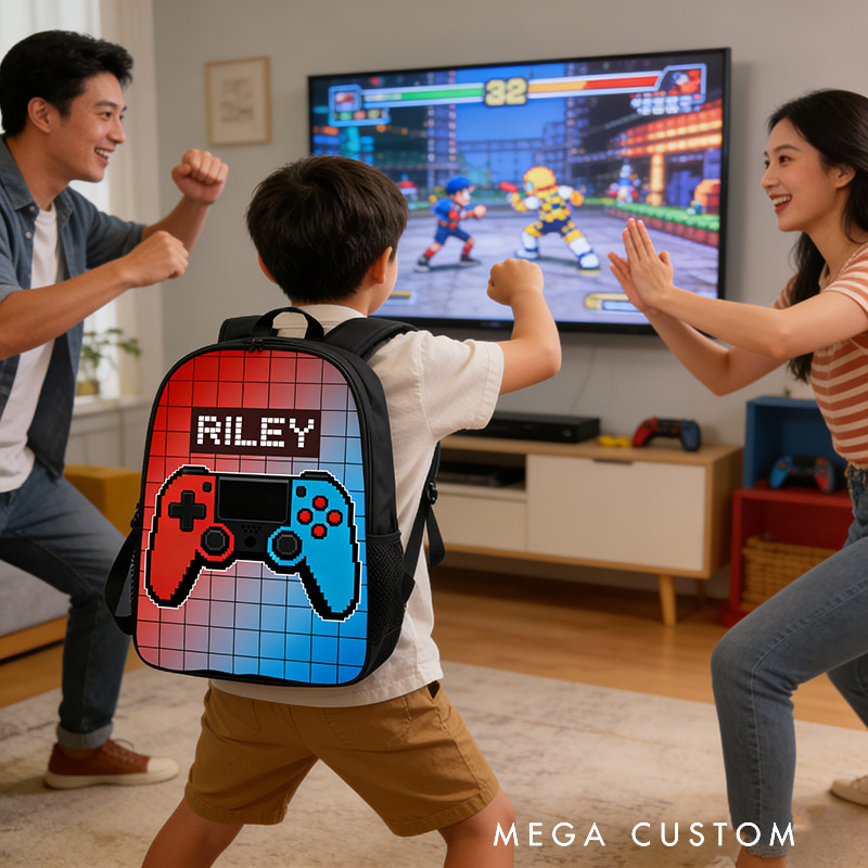 Personalized Cartoon Game Controller Backpack Custom Name for Kids and Game Lovers Birthday Black to School Christmas Gift