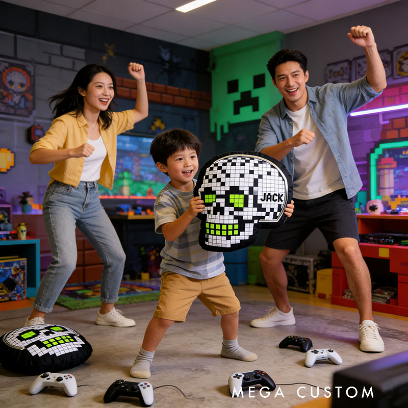 Personalized Game Pixel Skull Shaped Pillow for Game Lovers Plush Pillow Christmas Birthday Party Gift for Kids