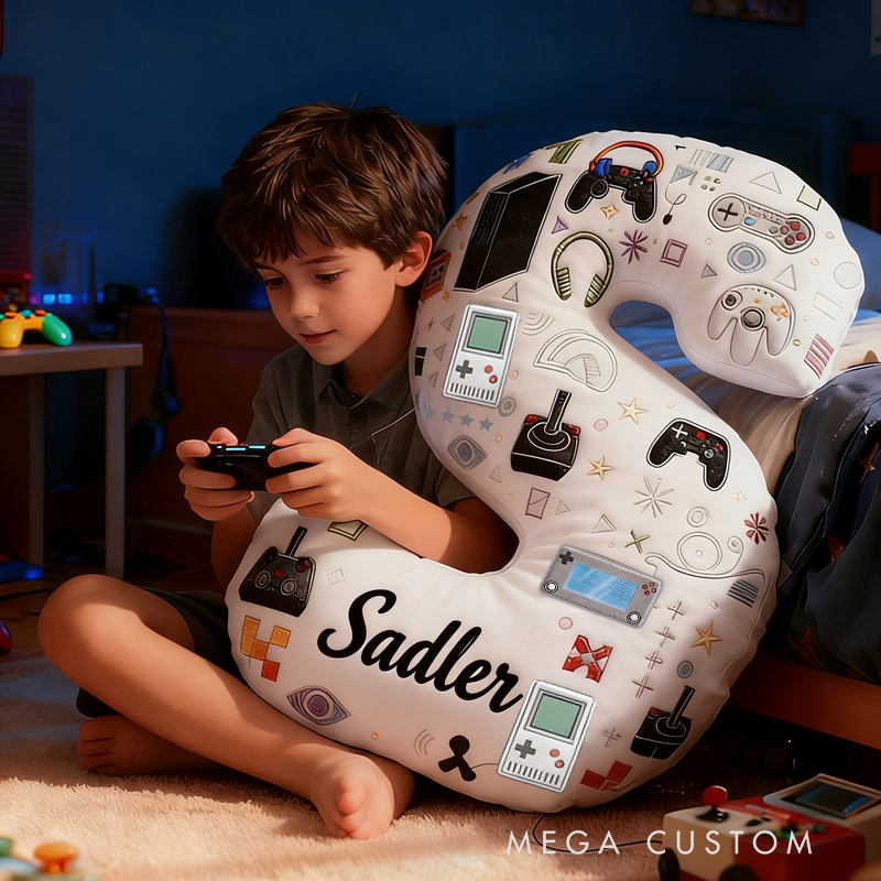Personalized Graphic 3D Print Game Controller and Game Consoles Letter Pillow for Game Lovers Plush Pillow Christmas Birthday Gift for Kids