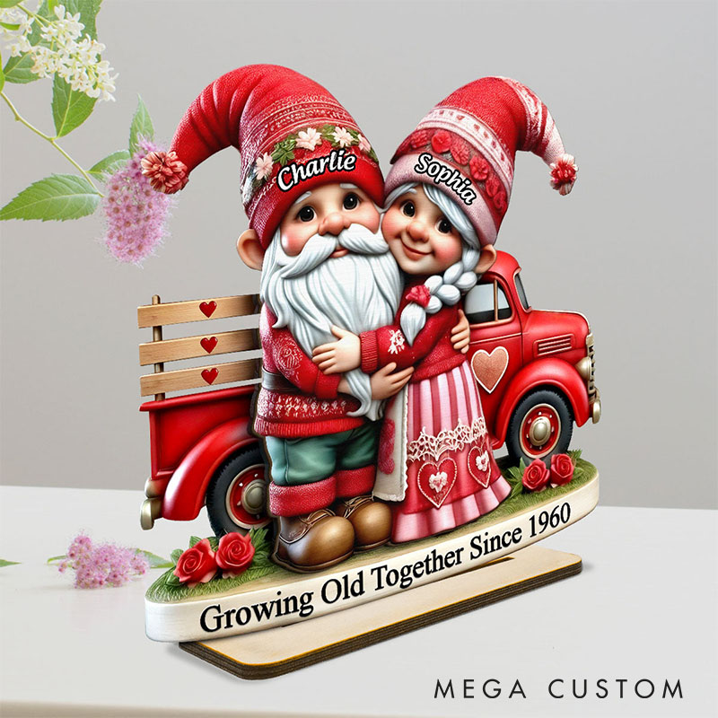 Personalized Couple Gnome Growing Old Together Standing Wooden Plaque 3D Effect Gnome Couple Truck Plaque Anniversary Valentines Day Gift for Him Her
