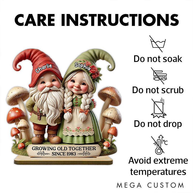 Personalized Couple Gnome Growing Old Together Standing Wooden Plaque 3D Effect Whimsical Gnome Couple Mushroom Plaque Anniversary Valentines Day Gift