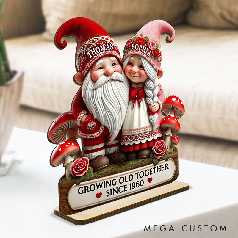 Personalized Couple Valentines Day 3D Effect Gnome Mushroom Standing Wooden Plaque Whimsical Gnome Couple Growing Old Together Plaque Anniversary Gift