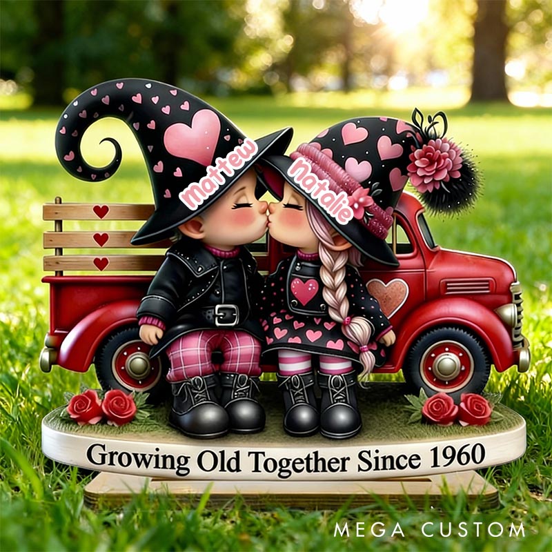 Personalized Couple Heart Valentines Day 3D Effect Gnome Truck Standing Wooden Plaque Whimsical Couple Growing Old Together Plaque Anniversary Gift