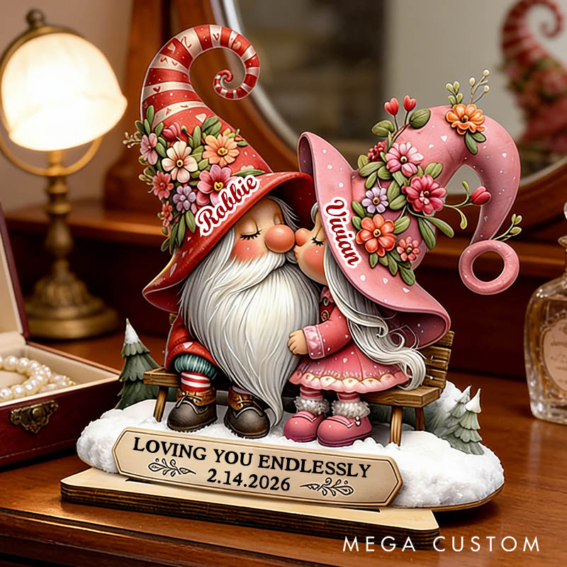 Personalized Couple Heart Valentines Day 3D Effect Gnome Standing Wooden Plaque Custom Sweet Gnome Couple Sitting on a Chair Plaque Anniversary Gift