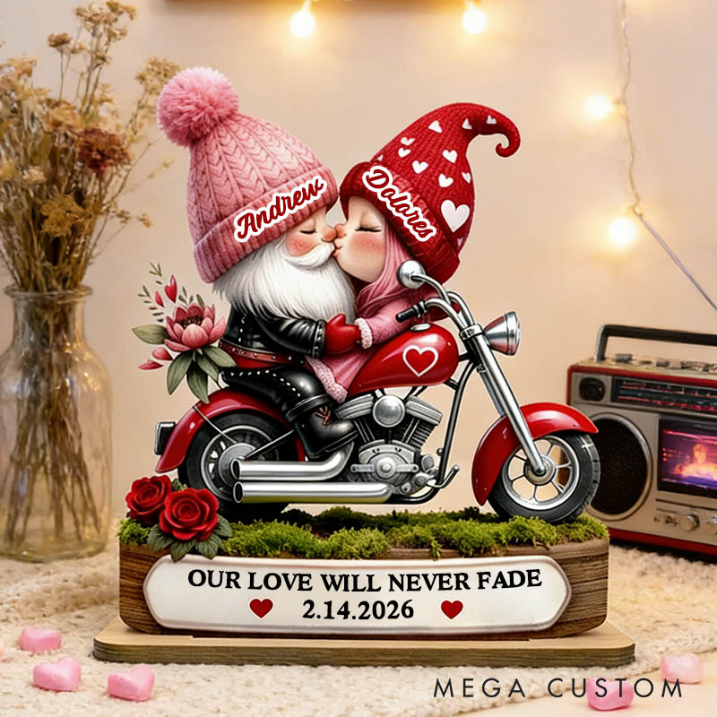 Personalized Valentines Day 3D Effect Gnome Couple Riding Red Motorcycle Standing Wooden Plaque Custom Sweet Gnome Couple Plaque Anniversary Gift