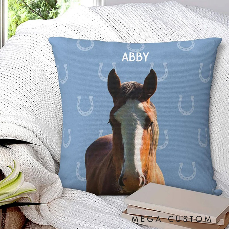Personalized Horseshoe Horse Face Photo Throw Pillow Cover with Name Home Decor Birthday Anniversary Gift for Horse Owner Lover Equestrian Lovers