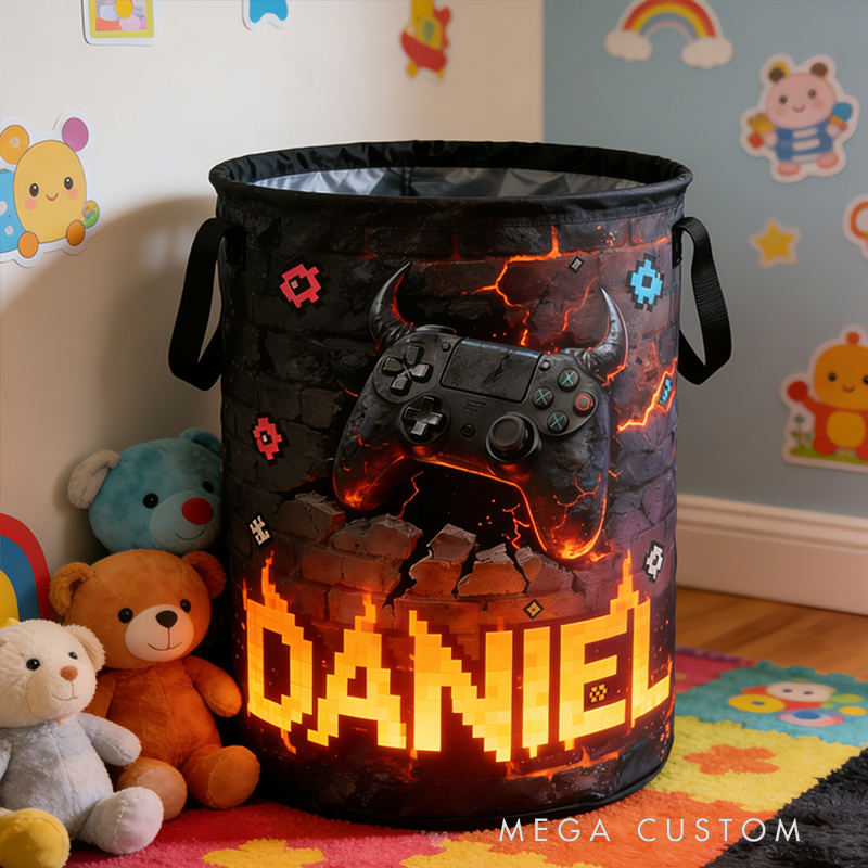 Personalized Retro Flame Game Controller Collapsible Storage Basket for Laundry Toys Organizer Game Lover Gift for Kids