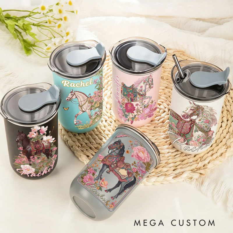 Personalized Floral Horse Equestrian Tumbler Watercolor Flower Insulated Travel Coffee Cup with Name Birthday Christmas Gift for Women Rider Horse Gift Riding Equestrian Lovers