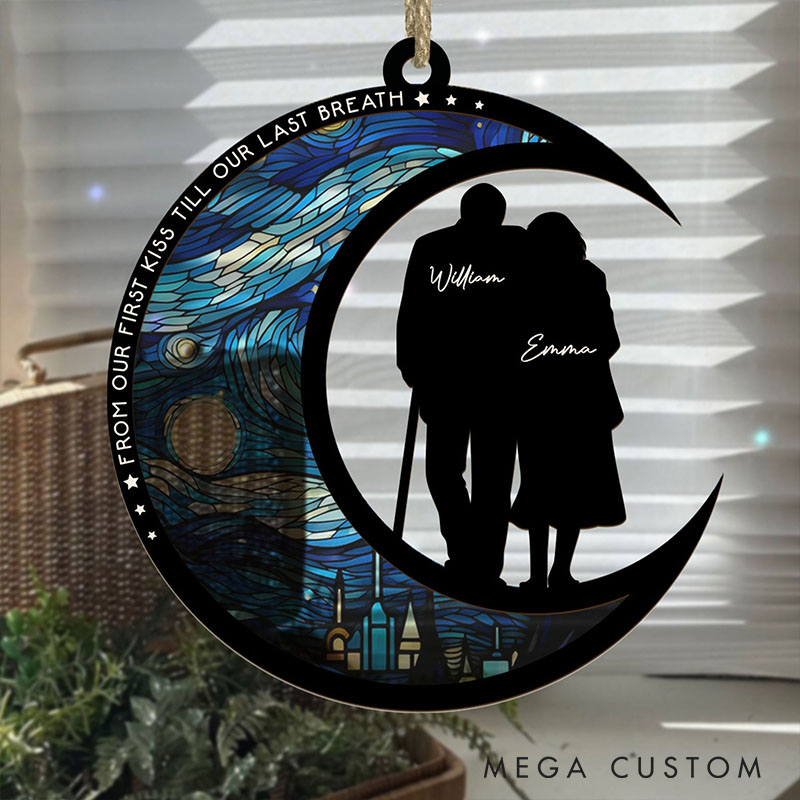 Personalized Couple From Our First Kiss Till Our Last Breath Suncatcher Moon Shaped Starry Night Style Window Decor Anniversary Valentines Day Gift