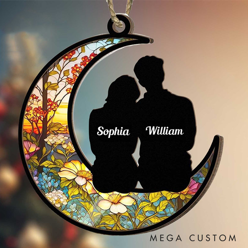 Personalized Couple Silhouette Love To The Moon and Back Suncatcher Custom Moon Shaped Floral Style Window Decor Anniversary Gift Valentines Day Gift