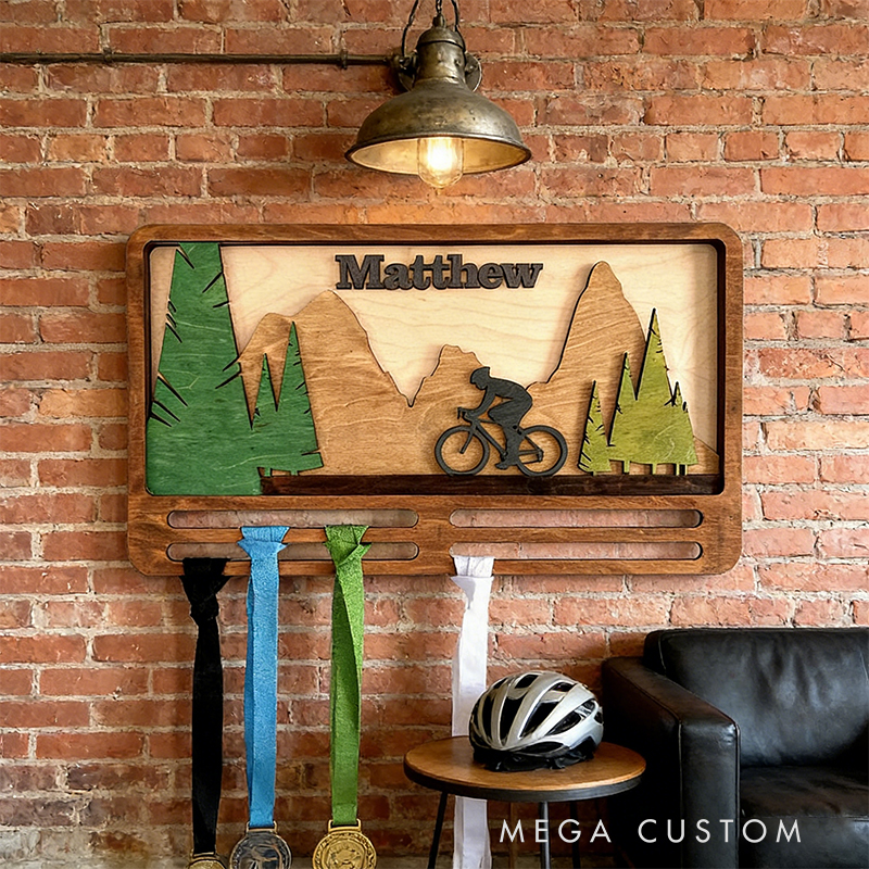 Personalized Cycling Medal Holder – Custom Wood Wall Decor for Bike Race Medals (Engraved Name & Mountain Design)