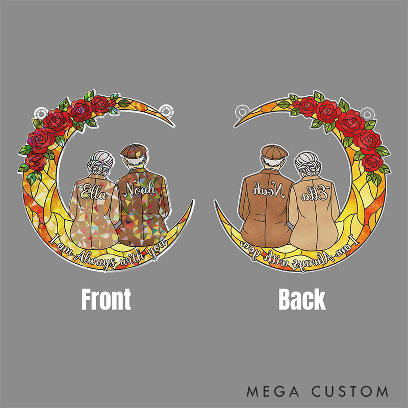 Personalized Elderly Couple Love To The Moon and Back Suncatcher Custom Moon Shaped Floral Style Window Decor Anniversary Gift Valentines Day Gift