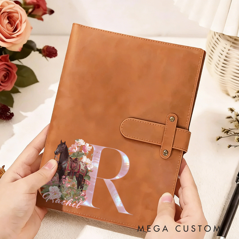 Personalized Horse Riding Initial Name PU Leather A5 Sketchbook Notebook Cover with Storage Pocket Birthday Gift for Horse Lovers Riding Lovers Equestrian Lovers