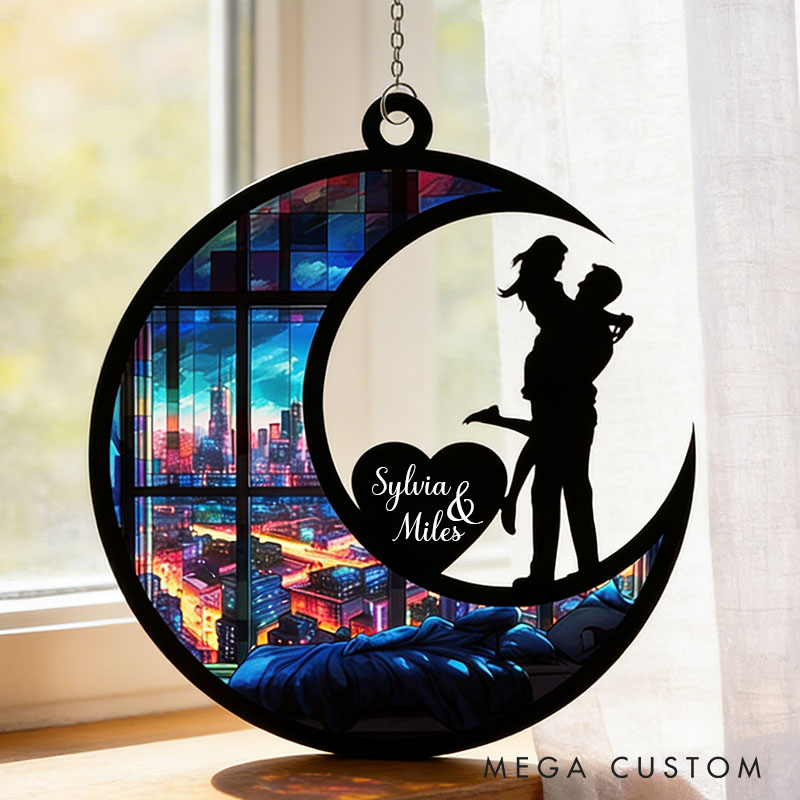 Personalized Couple Silhouette Love To The Moon and Back Suncatcher Custom Moon Shaped Window Decor Anniversary Gift Valentines Day Gift for Him Her