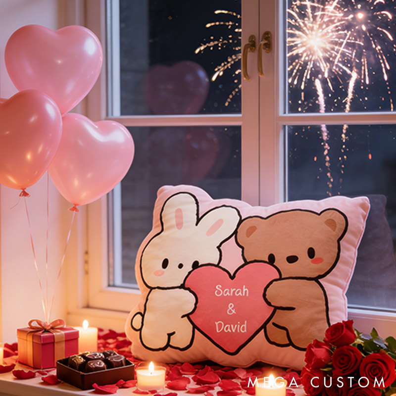Personalized Bunny & Bear Throw Pillow Custom Names Couple Home Pillow Romantic Valentine's Day Gift for Girlfriend for Wife Friend