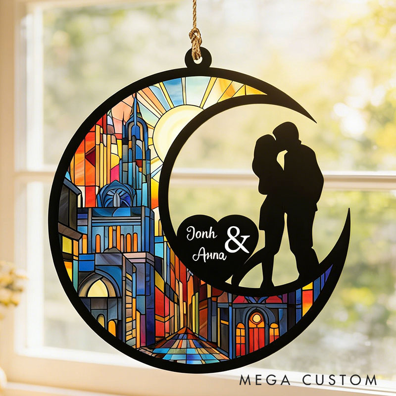 Personalized Couple Kissing Silhouette Love To The Moon and Back Suncatcher Custom Moon Shaped Window Decor Anniversary Gift Valentines Day Gift