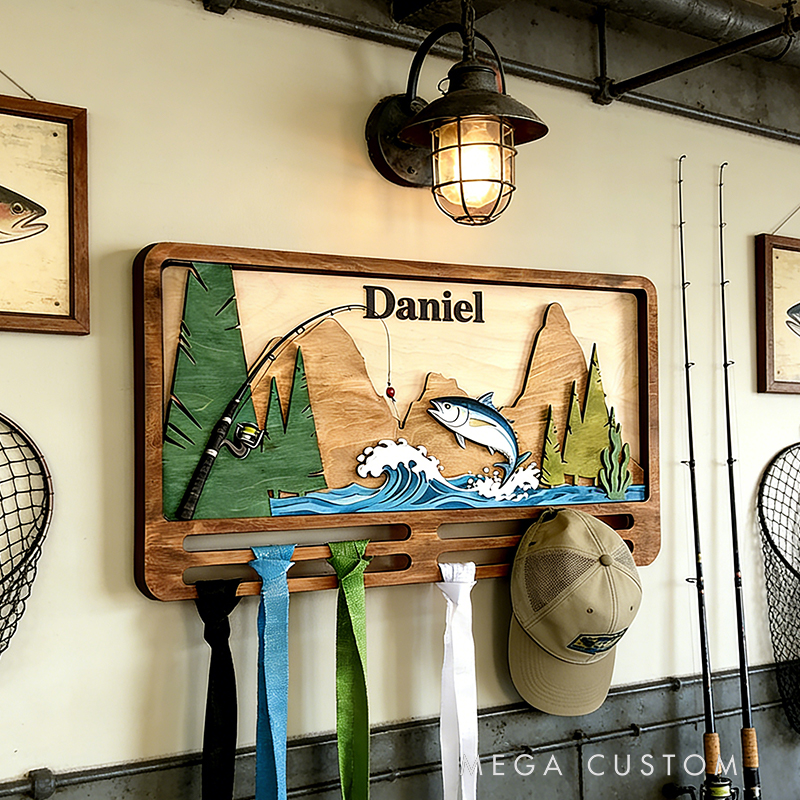 Personalized Fishing Themed Wooden Medal & Hat Rack - Custom Name Wall Decor for Anglers