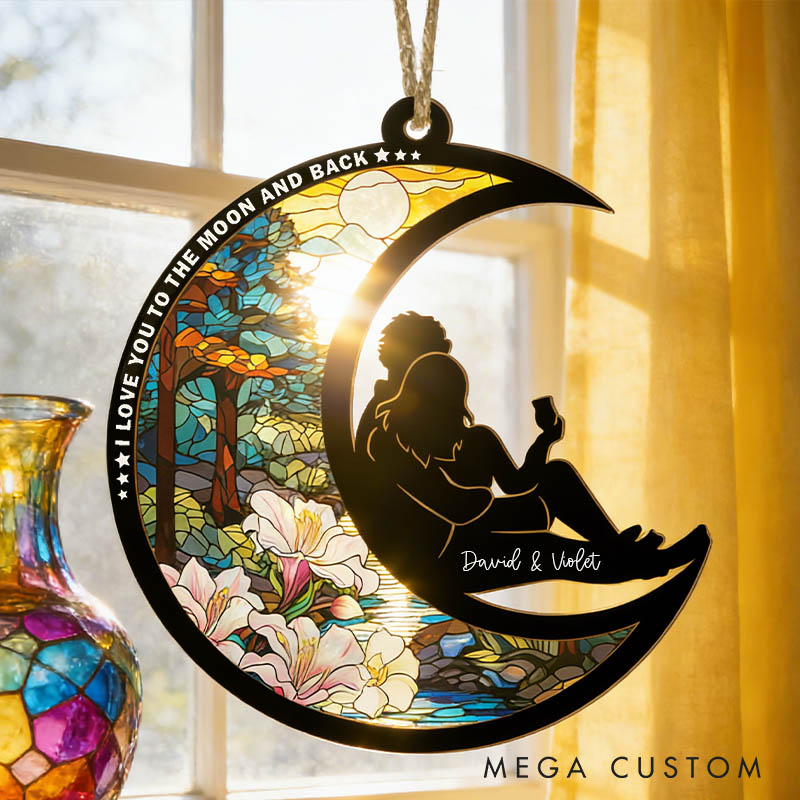 Personalized Couple Silhouette From Our First Kiss Till Our Last Breath Suncatcher Moon Shaped Window Decor Anniversary Gift Valentines Day Gift